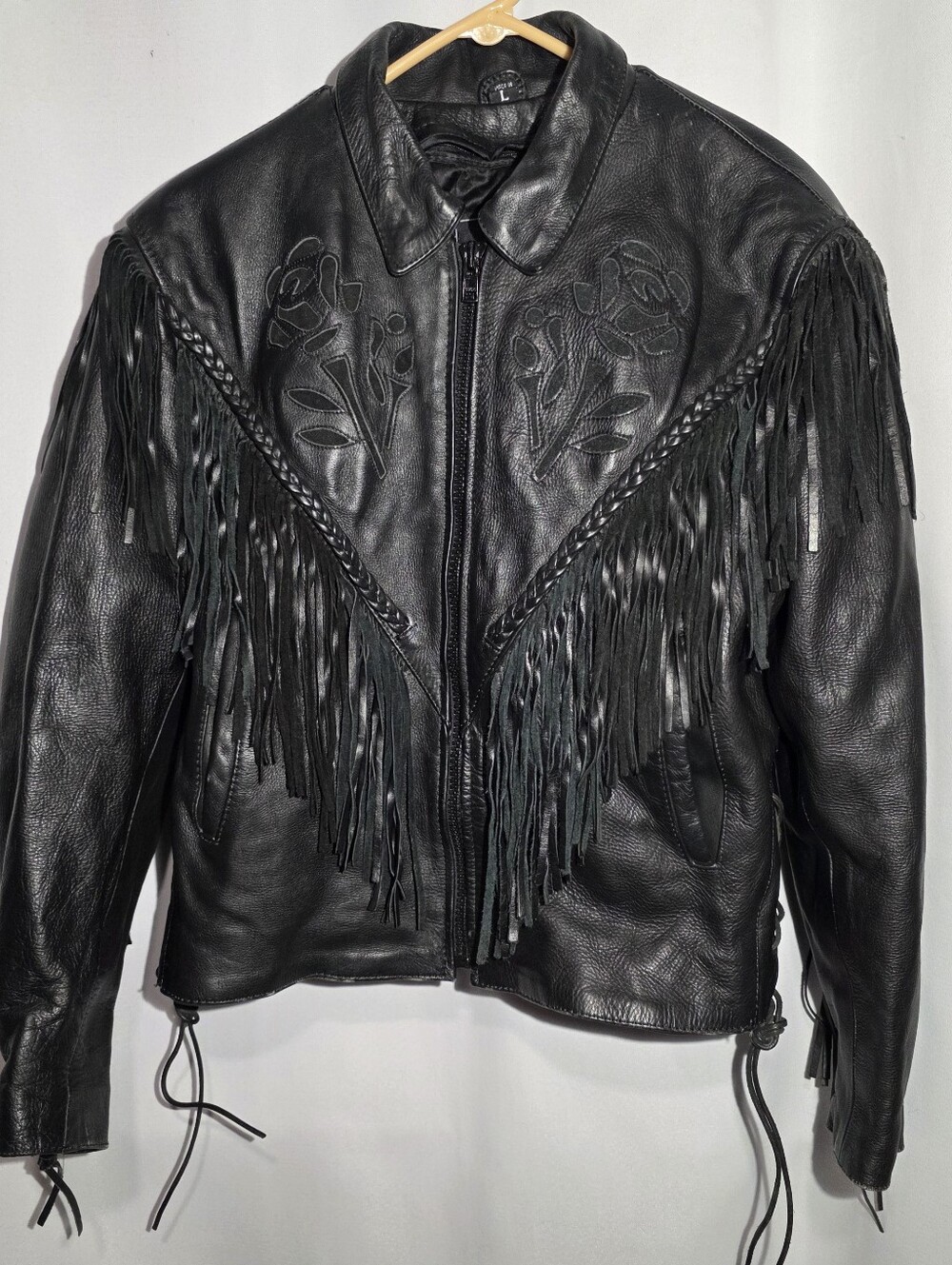 Vintage Unik Leather Fringe Rose Motorcycle Jacket with Liner